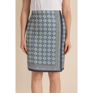 Talbots 100% Silk Vintage Medallion Scarf Print Lined Wrap Skirt Blue Gray 12